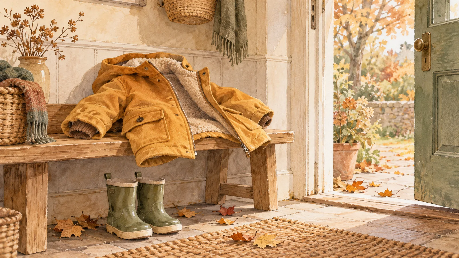 A small open ochre coat waits on an entryway bench beside boots and a door opening onto an autumn garden.