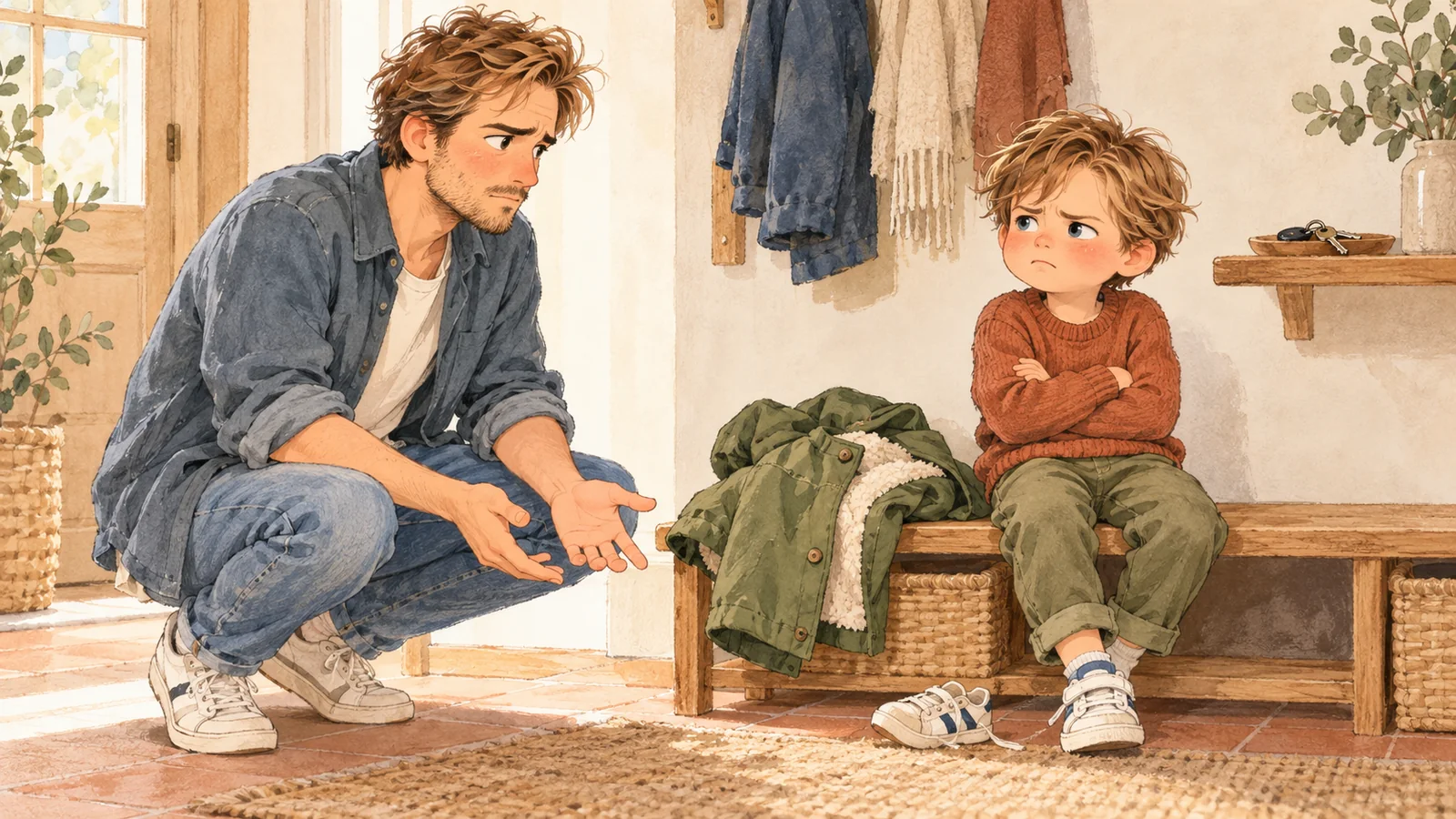 Julien and Oscar, both annoyed, face each other beside a green coat on the entryway bench; Oscar keeps his arms crossed.