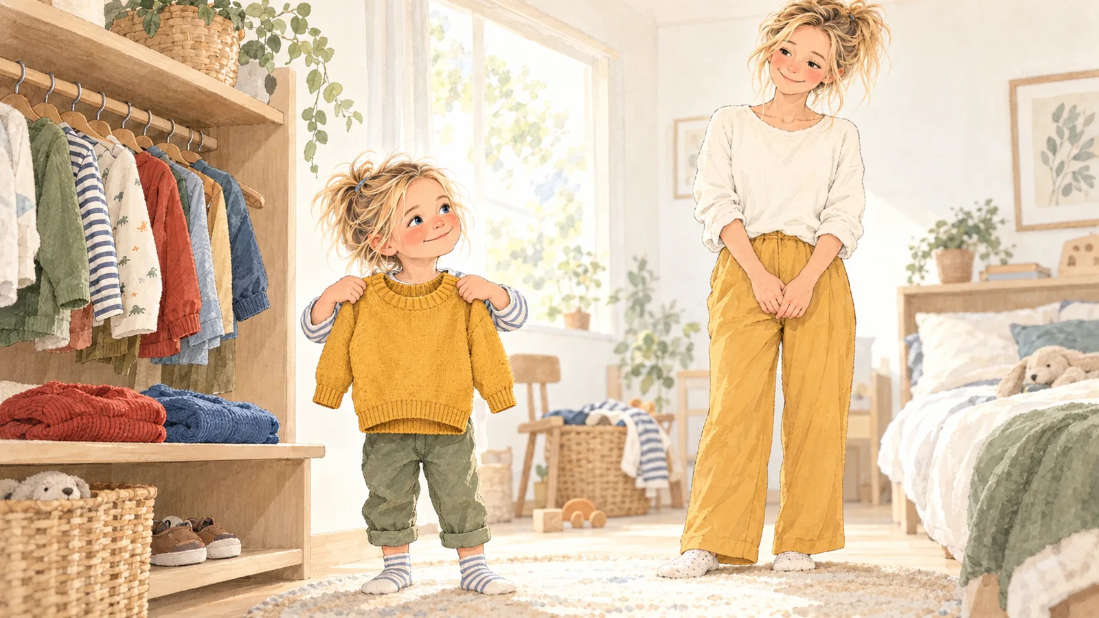 Gabriel montre fièrement le pull jaune qu’il a choisi, tandis que Marie le laisse décider devant son armoire.