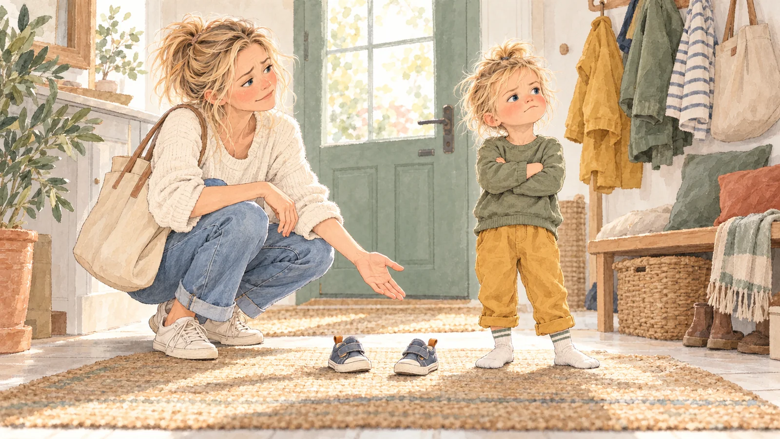 Dans l’entrée, Gabriel, 3 ans, refuse les deux chaussures posées devant lui ; Marie, sa maman, les lui propose avec patience et une légère exaspération.