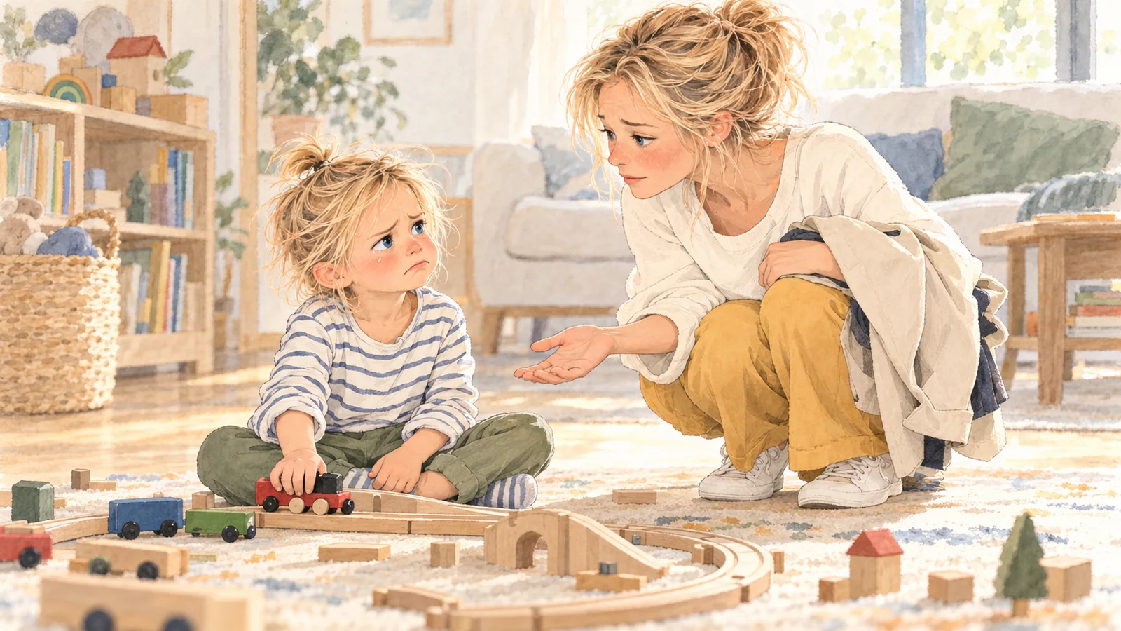 Gabriel est contrarié de devoir interrompre son jeu de train ; Marie s’accroupit à sa hauteur et l’écoute calmement, un manteau sur le bras.