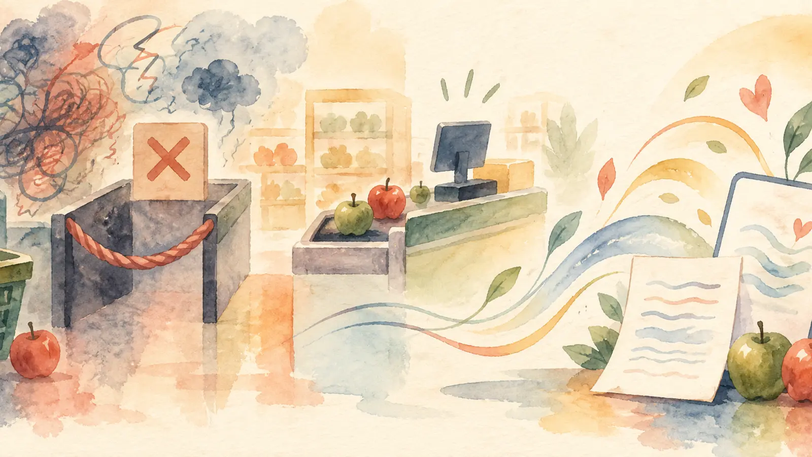 Une illustration aquarelle abstraite représentant une caisse fermée, des pommes et une émotion qui s’apaise autour d’une note écrite.