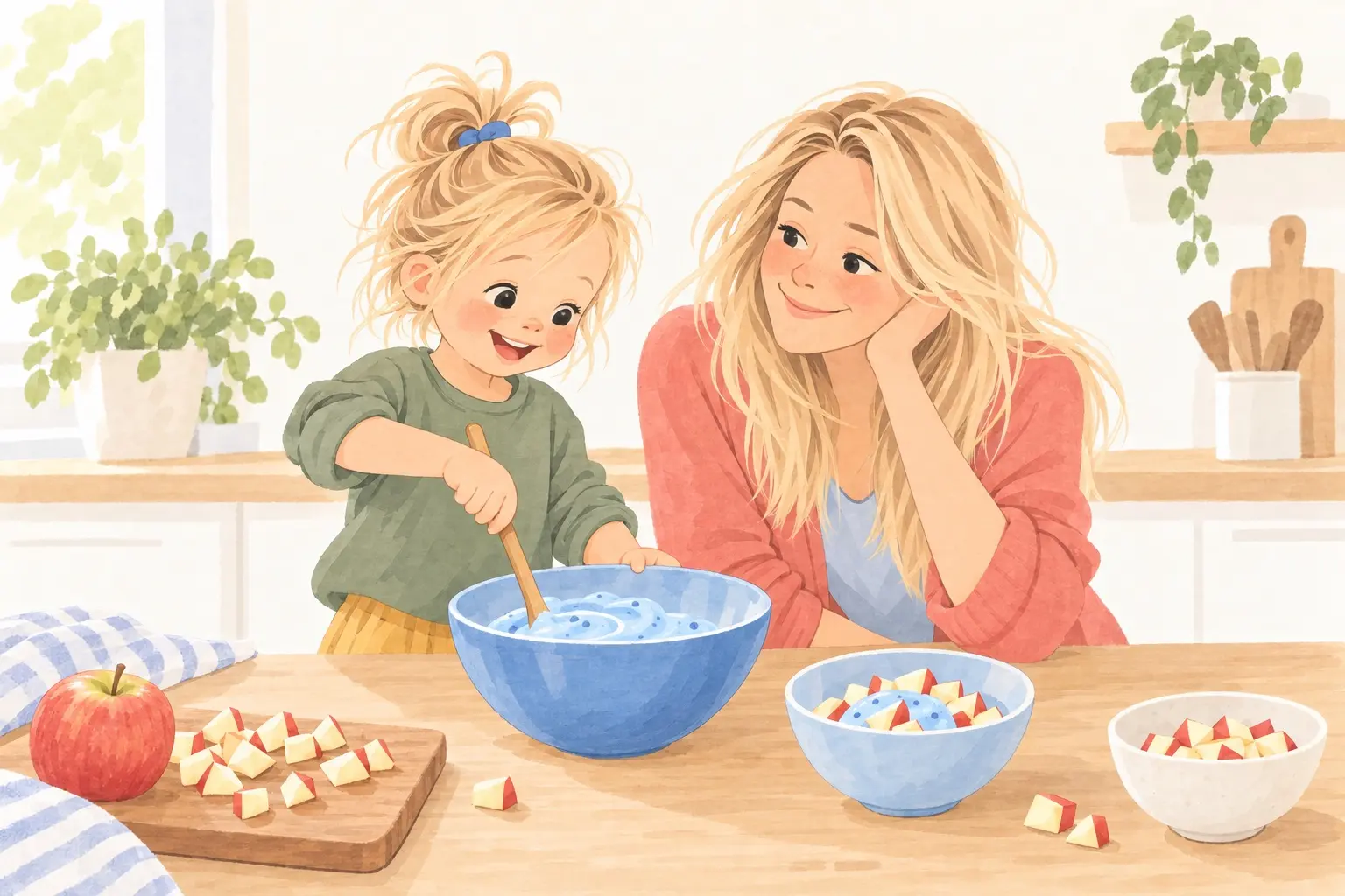 Une mère et son petit garçon préparent une glace bleue maison avec du yaourt et une pomme.